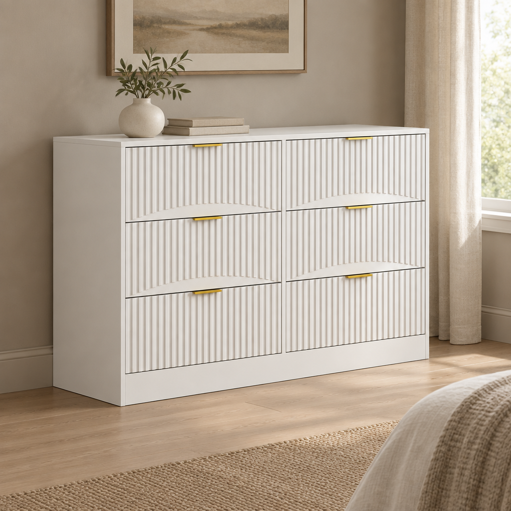 6-Drawer Dresser, Modern Chest of Drawers – White — styled bedroom, three-quarter left view