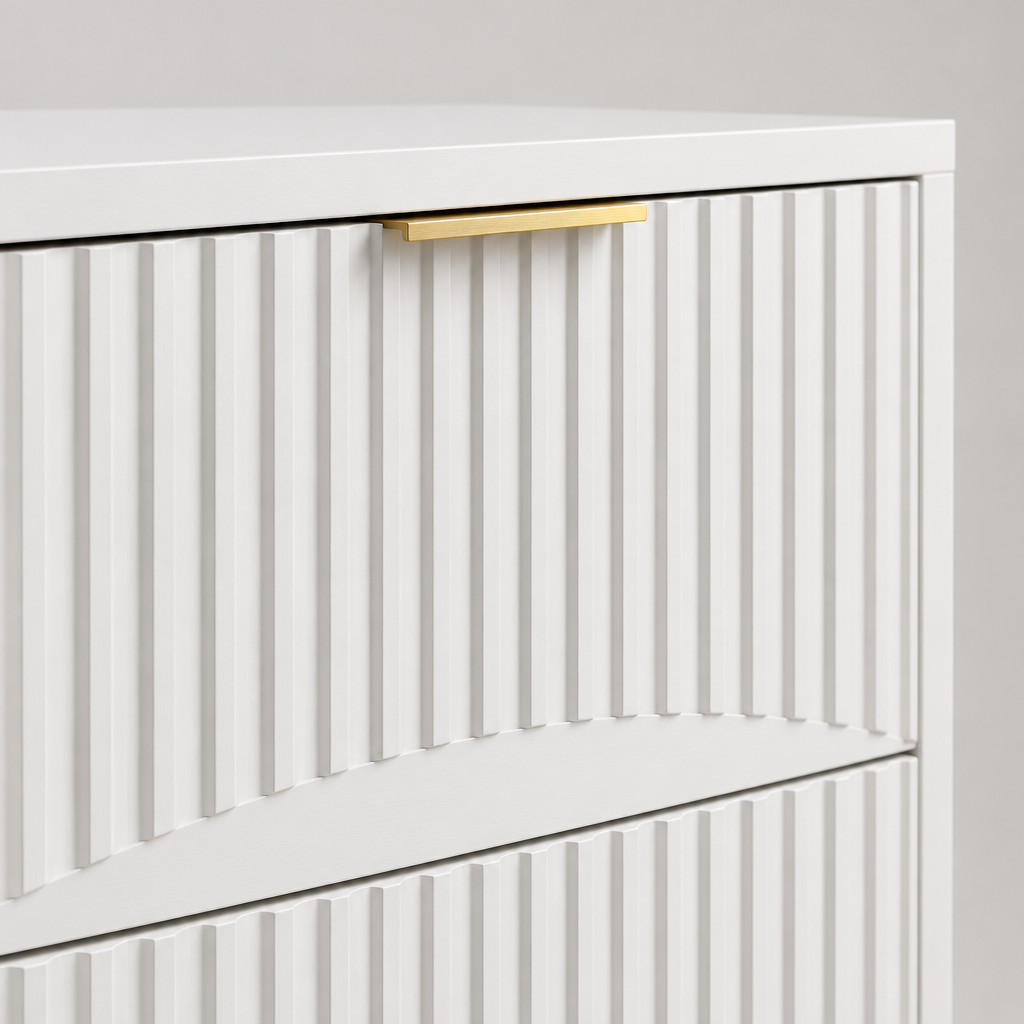 6-Drawer Dresser, Modern Chest of Drawers – White — close-up detail of fluted drawer front and gold pull