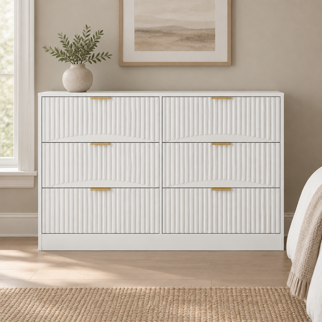 6-Drawer Dresser, Modern Chest of Drawers – White — styled bedroom, front view
