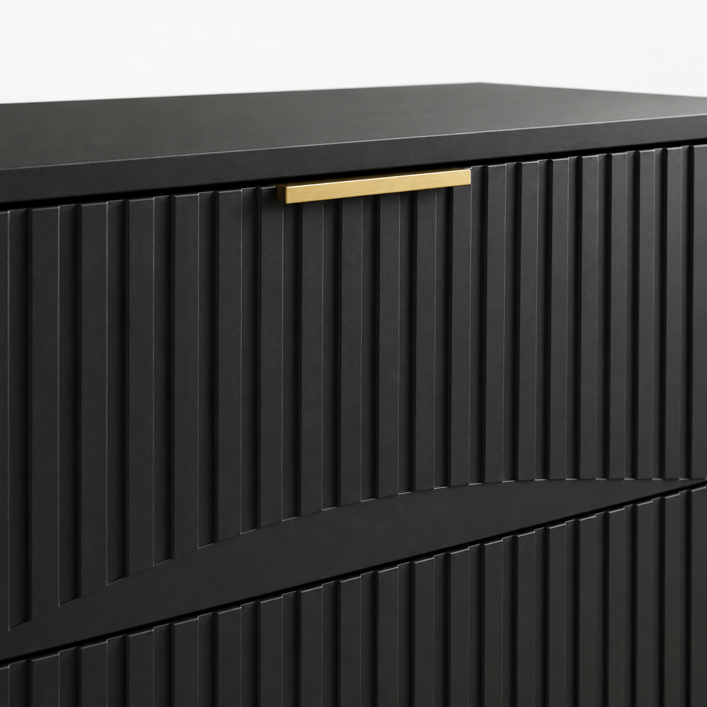 6-Drawer Dresser, Modern Chest of Drawers – Black — close-up detail of fluted drawer front and gold pull