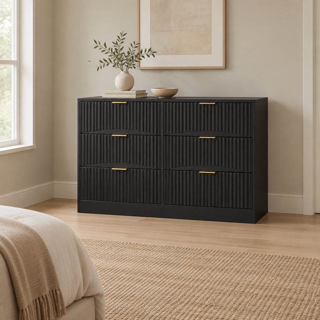 6-Drawer Dresser, Modern Chest of Drawers – Black — wider bedroom scene