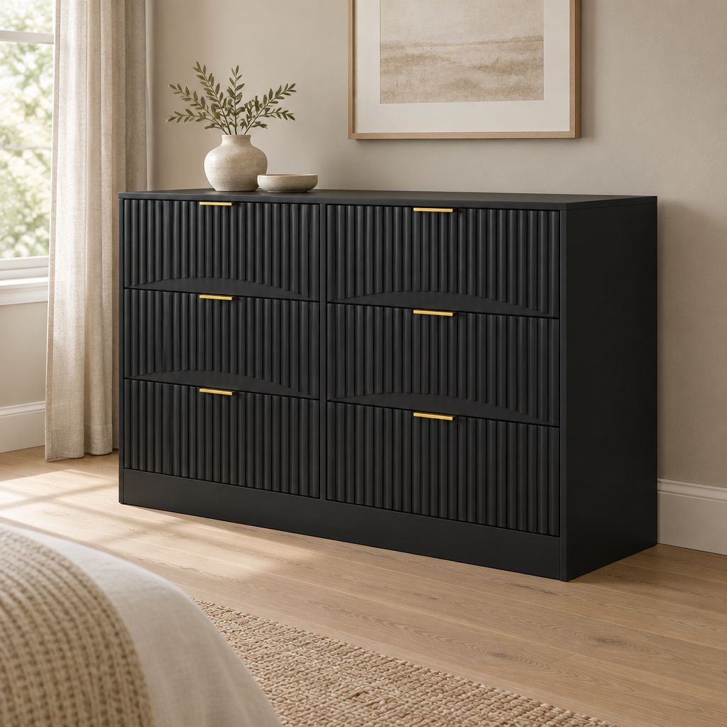 6-Drawer Dresser, Modern Chest of Drawers – Black — styled bedroom, three-quarter right view
