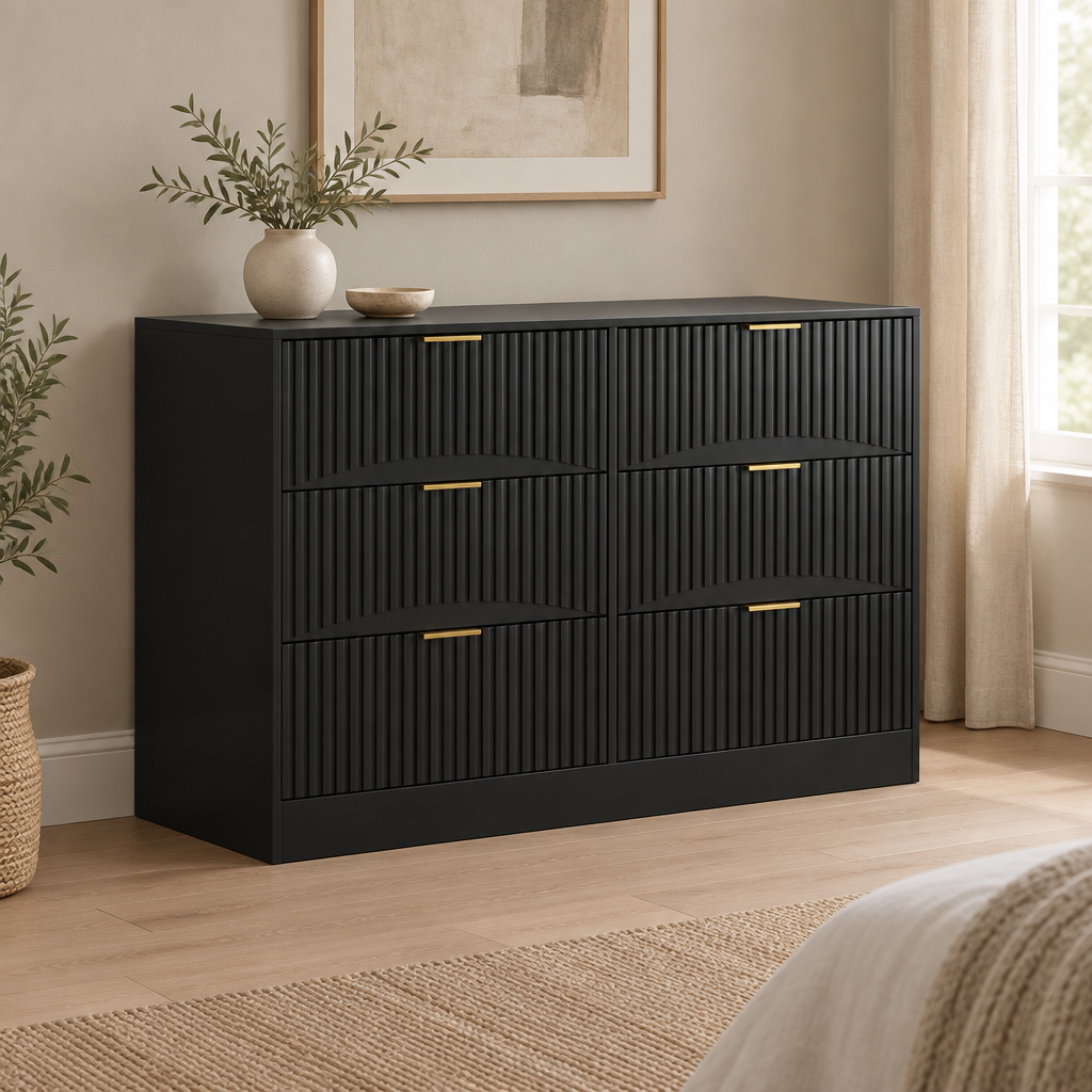 6-Drawer Dresser, Modern Chest of Drawers – Black — styled bedroom, three-quarter left view