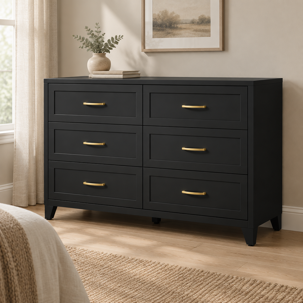 6-Drawer Metal Dresser, Smooth-Glide – Black — styled bedroom, three-quarter right view