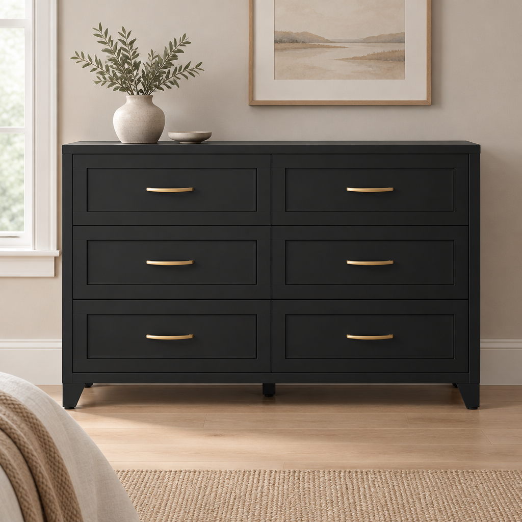 6-Drawer Metal Dresser, Smooth-Glide – Black — styled bedroom, front view
