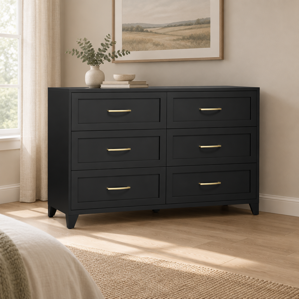 6-Drawer Metal Dresser, Smooth-Glide – Black — styled bedroom, three-quarter left view