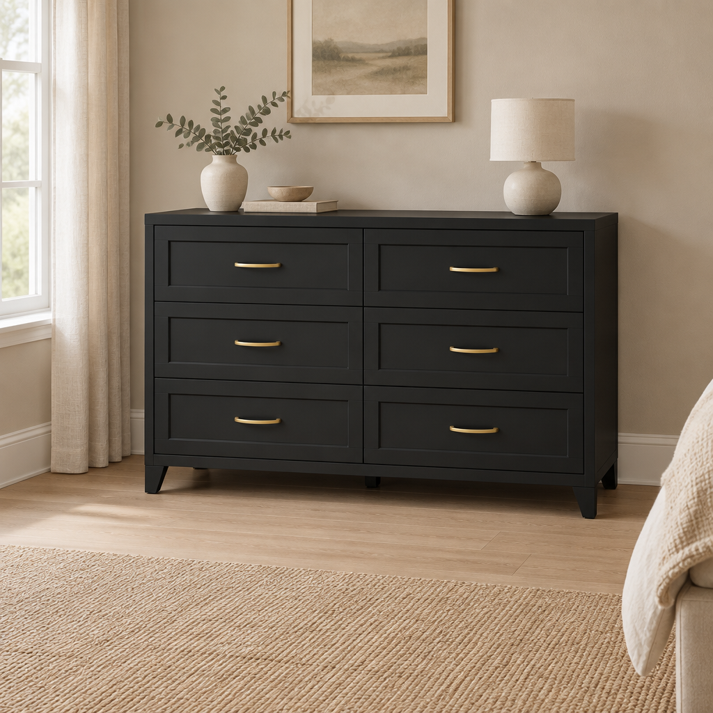 6-Drawer Metal Dresser, Smooth-Glide – Black — wider bedroom scene