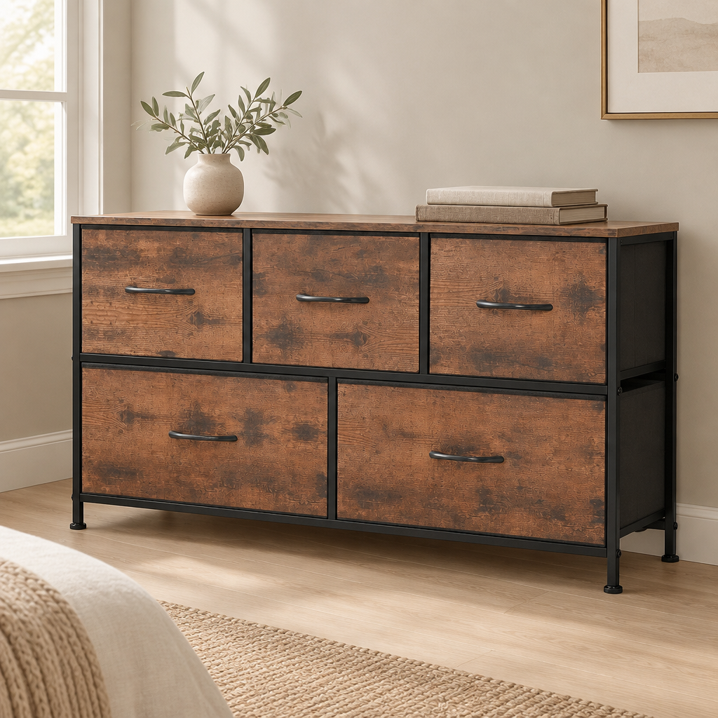 5-Drawer Fabric Dresser Storage Tower with Bins — styled bedroom, three-quarter right view