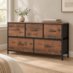 5-Drawer Fabric Dresser Storage Tower with Bins — styled bedroom, three-quarter right view