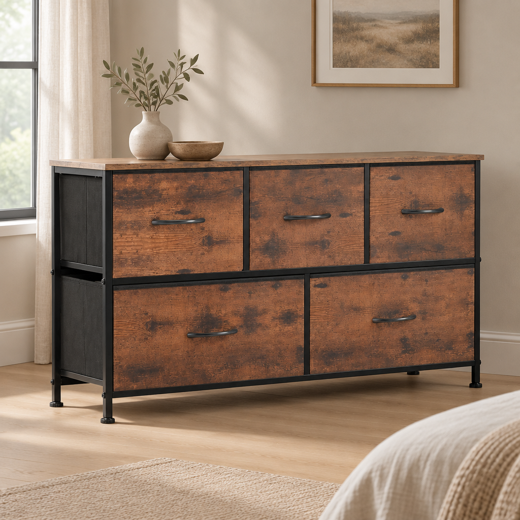 5-Drawer Fabric Dresser Storage Tower with Bins — styled bedroom, three-quarter left view