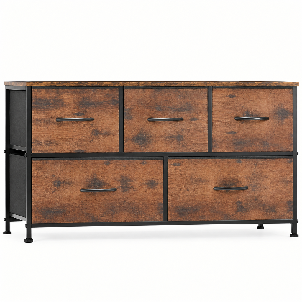 5-Drawer Fabric Dresser Storage Tower with Bins — studio product photo, front view