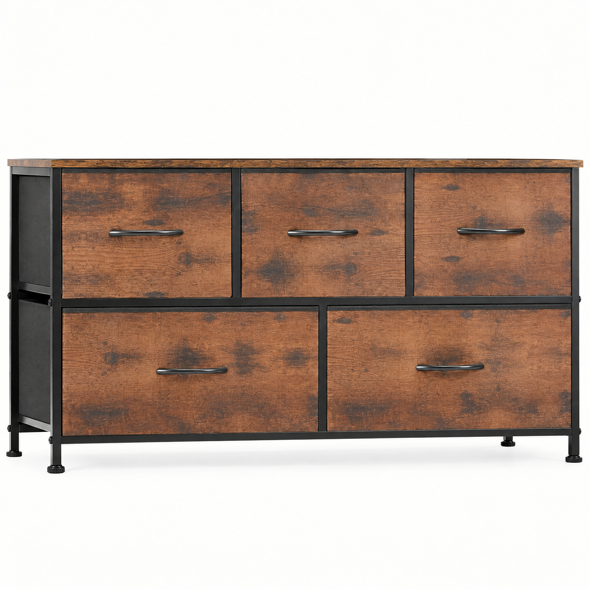 5-Drawer Fabric Dresser Storage Tower with Bins — studio product photo, front view