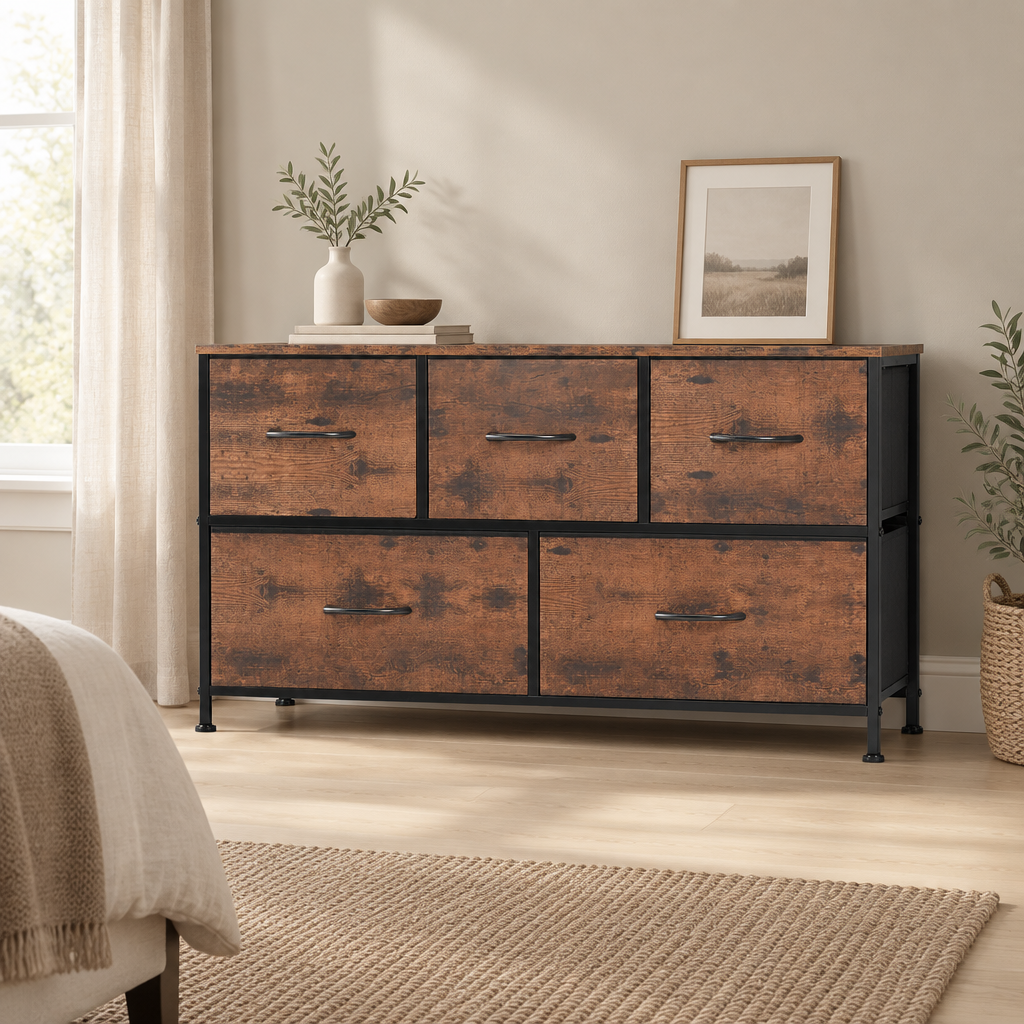 5-Drawer Fabric Dresser Storage Tower with Bins — wider bedroom scene