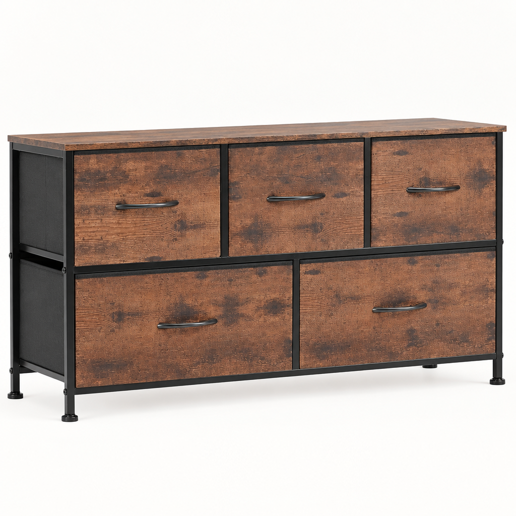 5-Drawer Fabric Dresser Storage Tower with Bins — studio product photo, three-quarter view