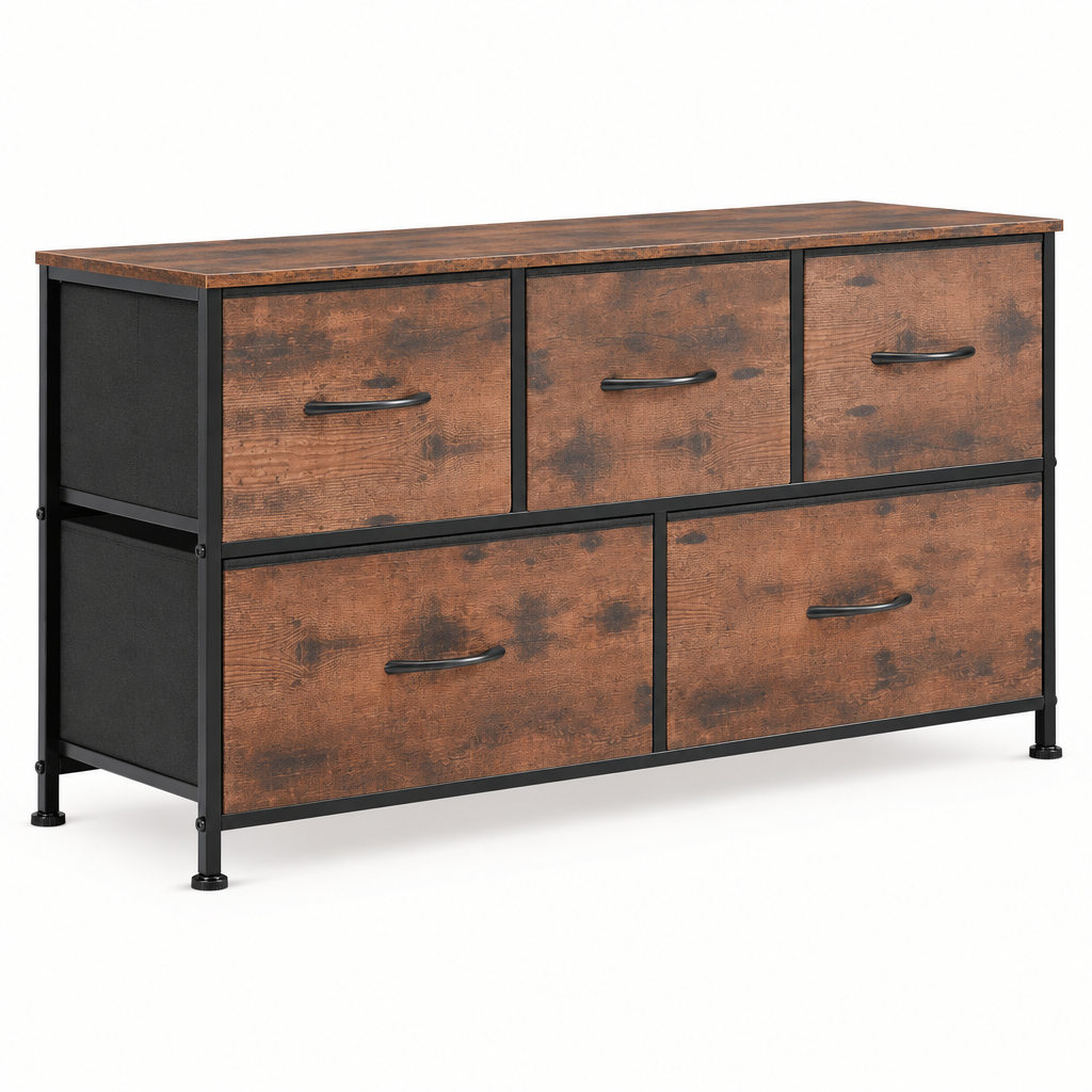 5-Drawer Fabric Dresser Storage Tower with Bins — studio product photo, side profile