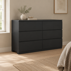6-Drawer Wide Dresser, Chest of Drawers – Black — styled bedroom, three-quarter left view