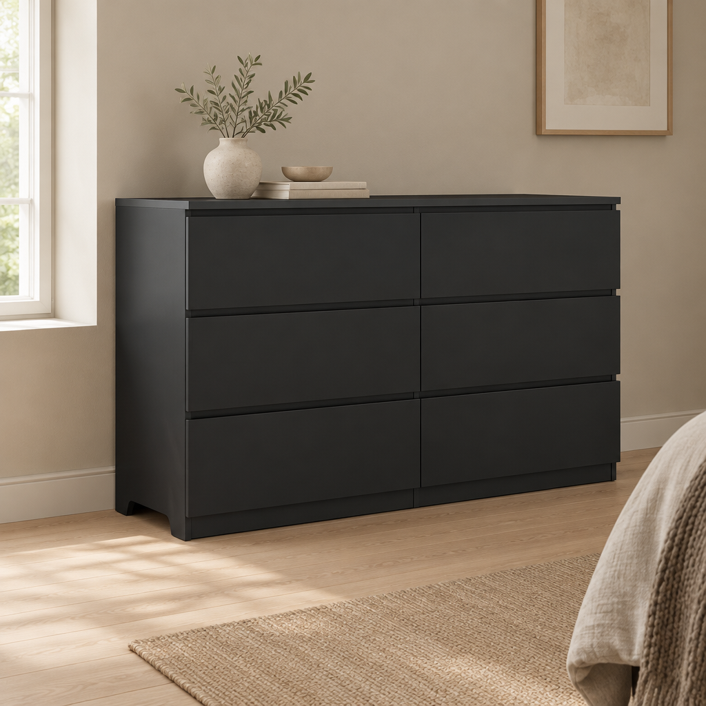 6-Drawer Wide Dresser, Chest of Drawers – Black — styled bedroom, three-quarter left view