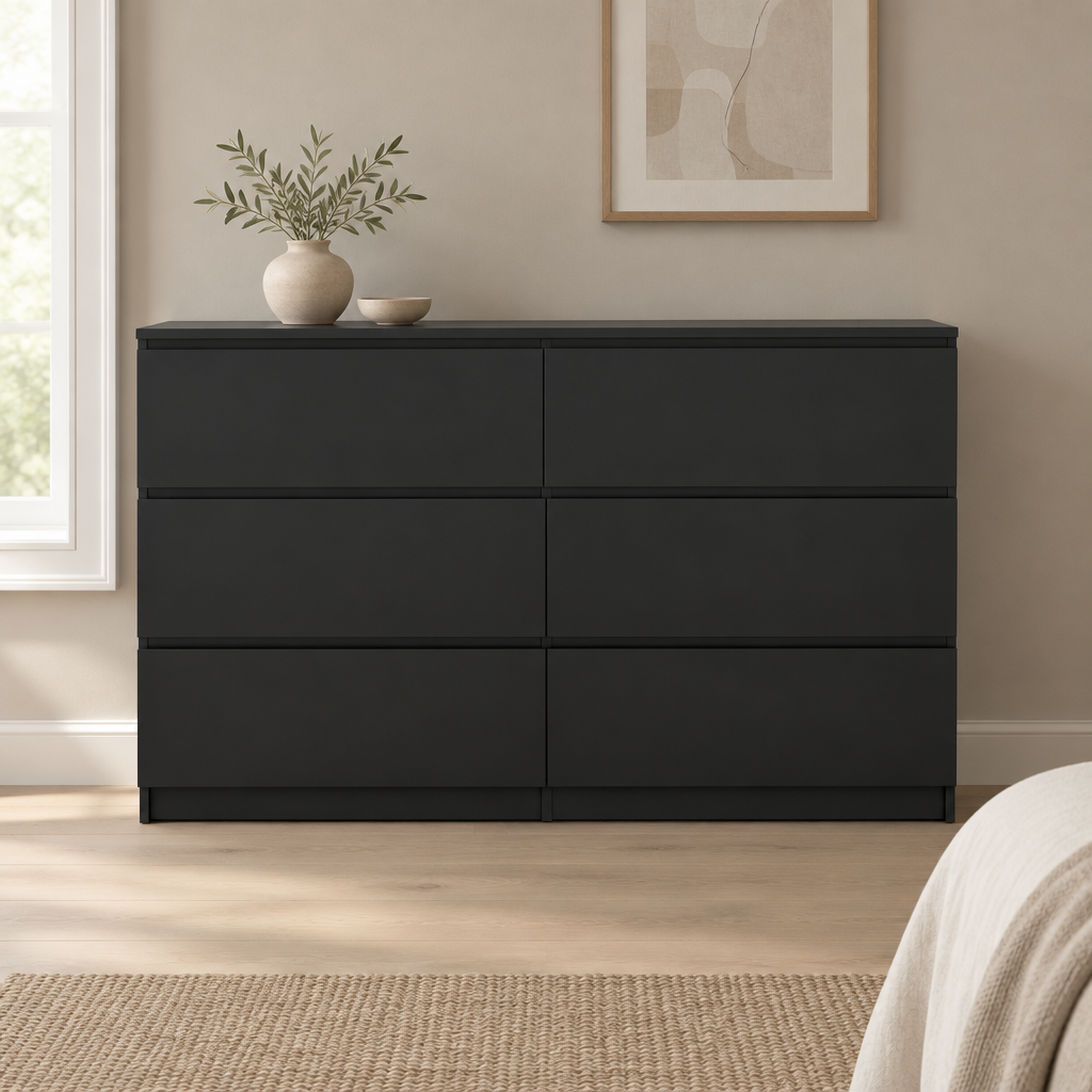 6-Drawer Wide Dresser, Chest of Drawers – Black — styled bedroom, front view