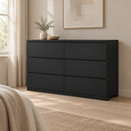 6-Drawer Wide Dresser, Chest of Drawers – Black — styled bedroom, three-quarter right view