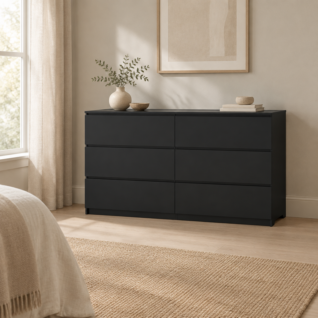 6-Drawer Wide Dresser, Chest of Drawers – Black — wider bedroom scene