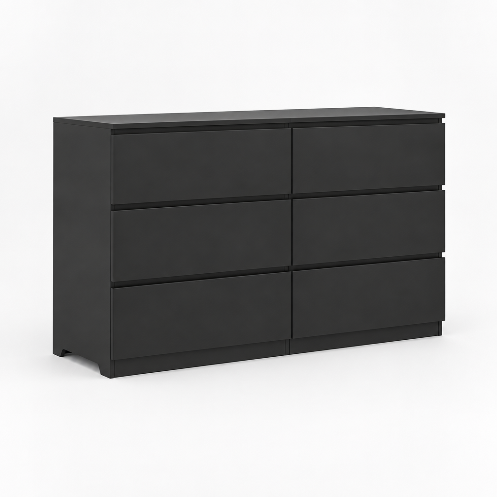 6-Drawer Wide Dresser, Chest of Drawers – Black — studio product photo, three-quarter view