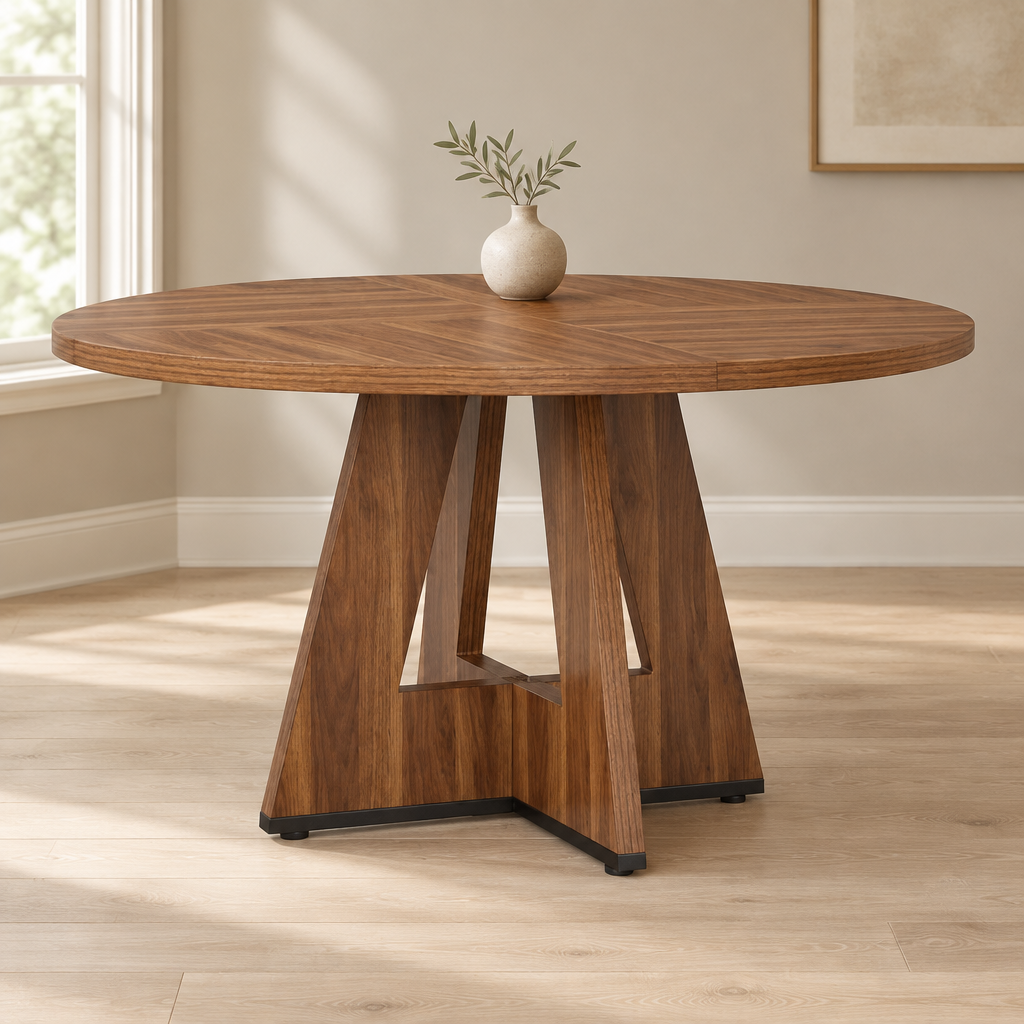 Wood Dining Table, Dining Room — styled dining room, front view