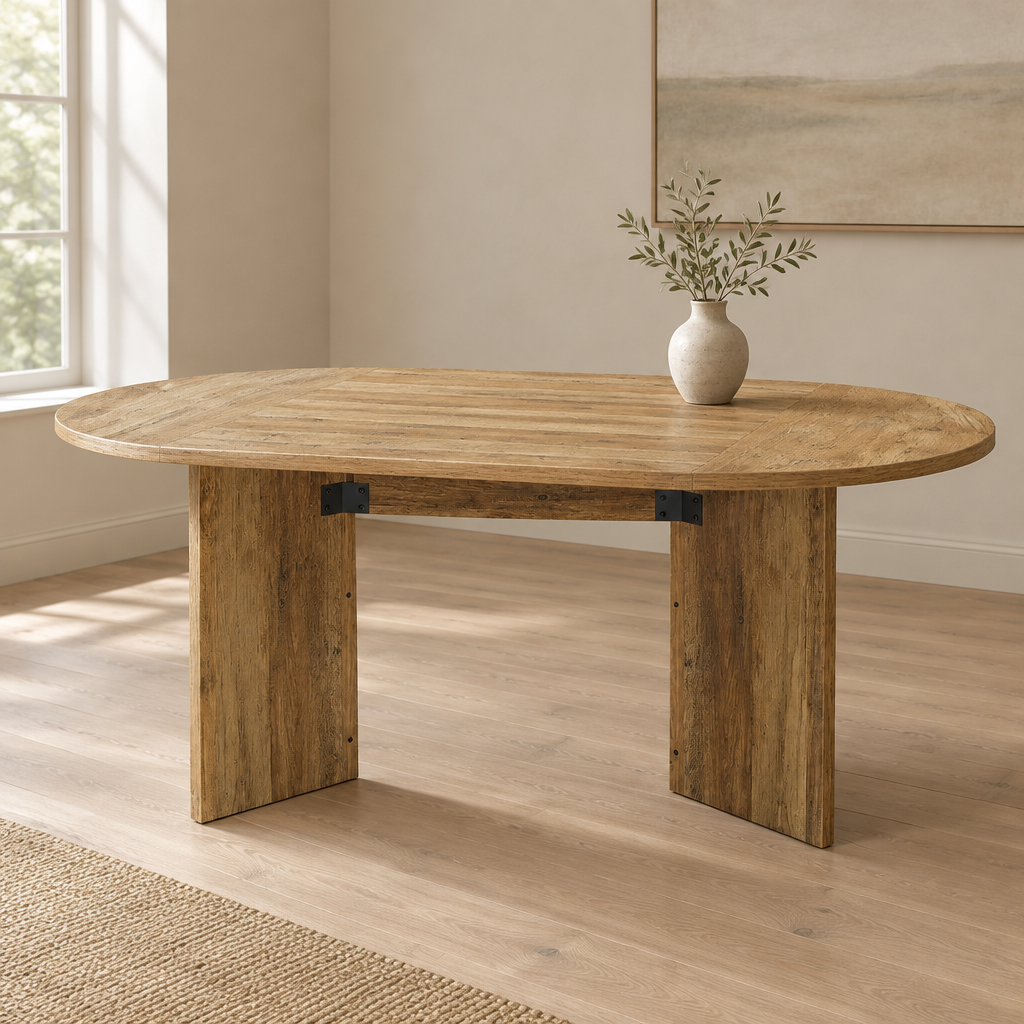 Oval Dining & Meeting Table – Brown — styled dining room, three-quarter left view