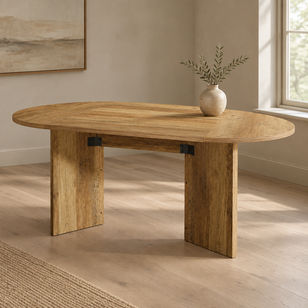 Oval Dining & Meeting Table – Brown — styled dining room, three-quarter right view