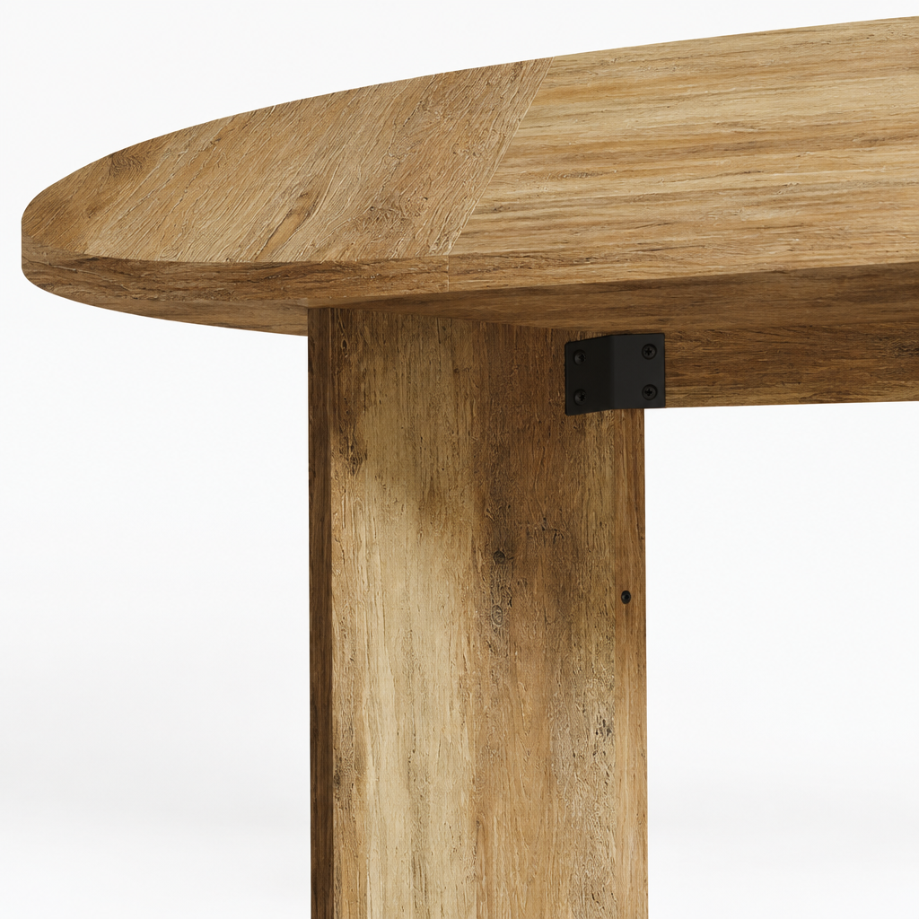 Oval Dining & Meeting Table – Brown — close-up detail of tabletop edge and panel base bracket