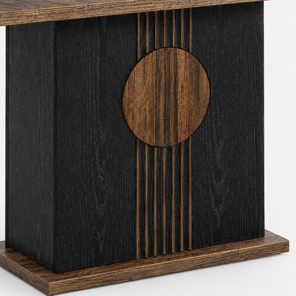 Rectangular Dining Kitchen Table – Black/Brown — close-up detail of fluted pedestal and circle inlay