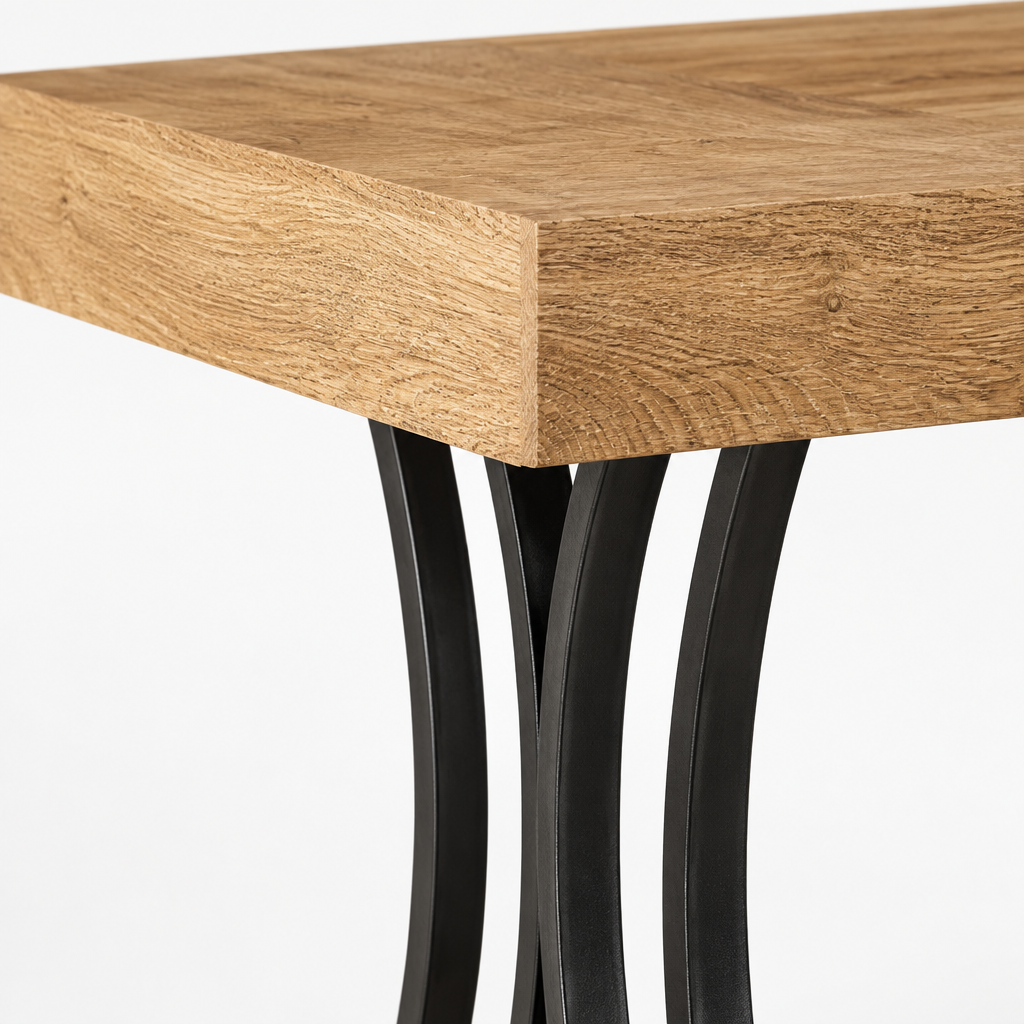 Counter-Height Dining Table with Footrest — close-up detail of tabletop edge and curved leg