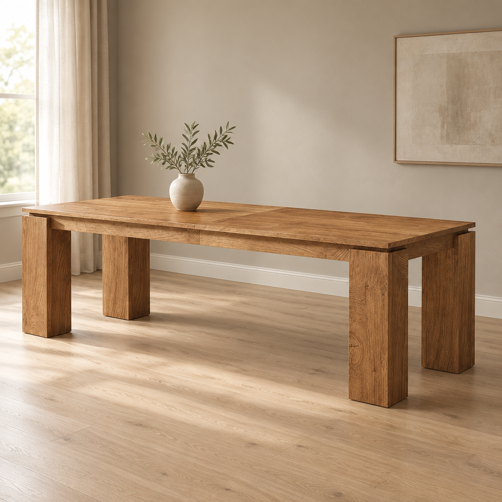 Extra-Long Dining Table for 6–8 – Gray — styled dining room, three-quarter right view