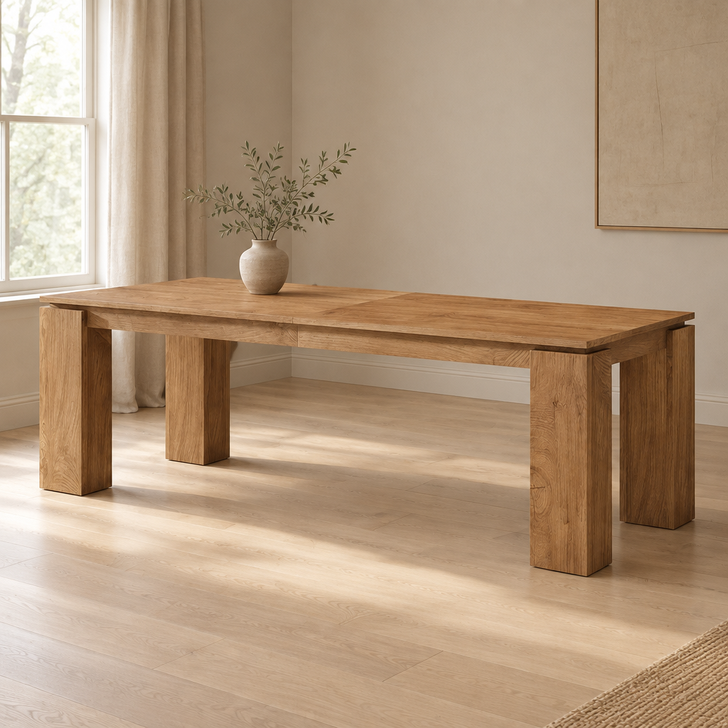 Extra-Long Dining Table for 6–8 – Gray — styled dining room, three-quarter left view