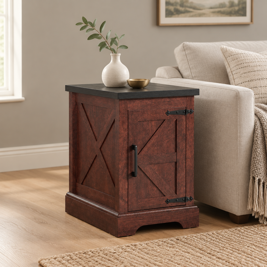 Farmhouse End Table with Barn Door & Storage, Living Room Sofa Side & Bedroom Nightstand — living room three-quarter left