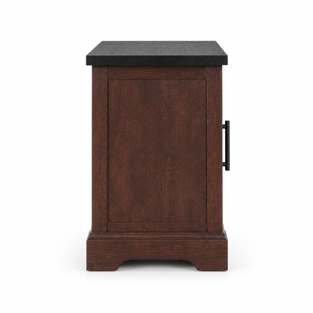 Farmhouse End Table with Barn Door & Storage, Living Room Sofa Side & Bedroom Nightstand — studio side profile