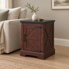 Farmhouse End Table with Barn Door & Storage, Living Room Sofa Side & Bedroom Nightstand — living room three-quarter right