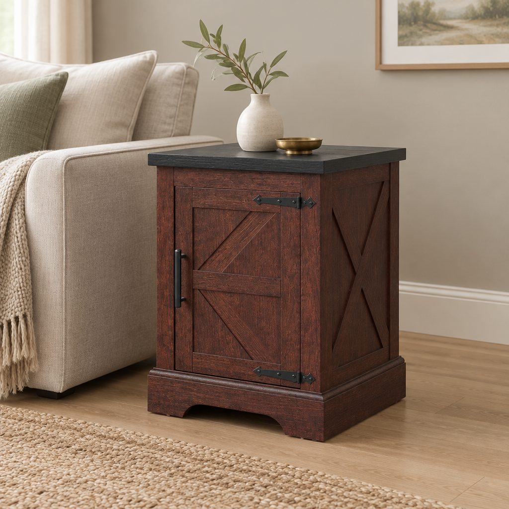 Farmhouse End Table with Barn Door & Storage, Living Room Sofa Side & Bedroom Nightstand — living room three-quarter right