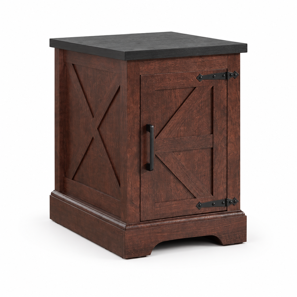 Farmhouse End Table with Barn Door & Storage, Living Room Sofa Side & Bedroom Nightstand — studio three-quarter