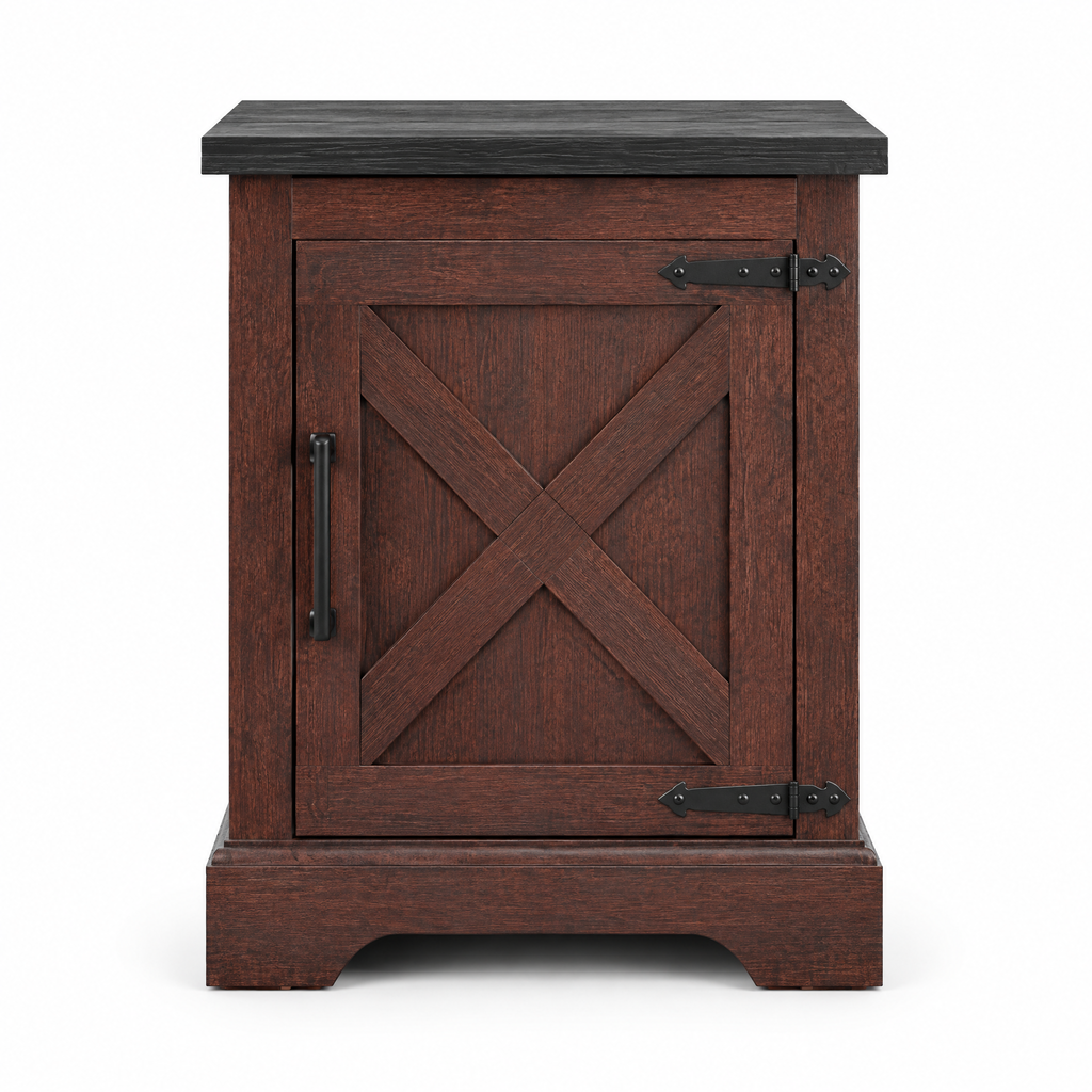 Farmhouse End Table with Barn Door & Storage, Living Room Sofa Side & Bedroom Nightstand — studio hero