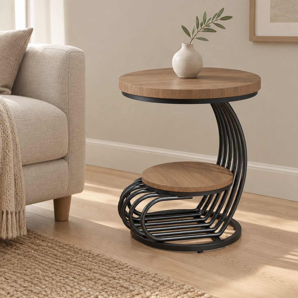 Faux Marble Side Table, Gold Frame – Round, Glam Living Room Sofa Side & Bedside Accent — living room three-quarter right