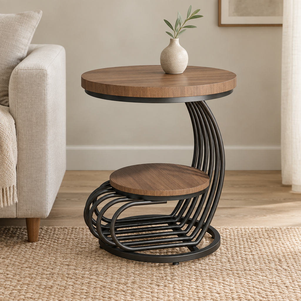 Faux Marble Side Table, Gold Frame – Round, Glam Living Room Sofa Side & Bedside Accent — living room front