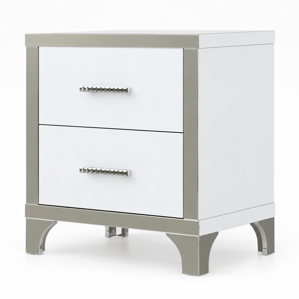 2-Drawer Mirrored Nightstand, High-Gloss – White, Glam Bedroom Bedside Table with Drawers — studio three-quarter