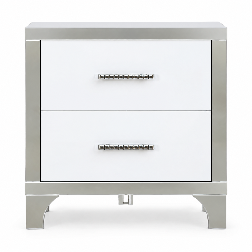 2-Drawer Mirrored Nightstand, High-Gloss – White, Glam Bedroom Bedside Table with Drawers — studio hero