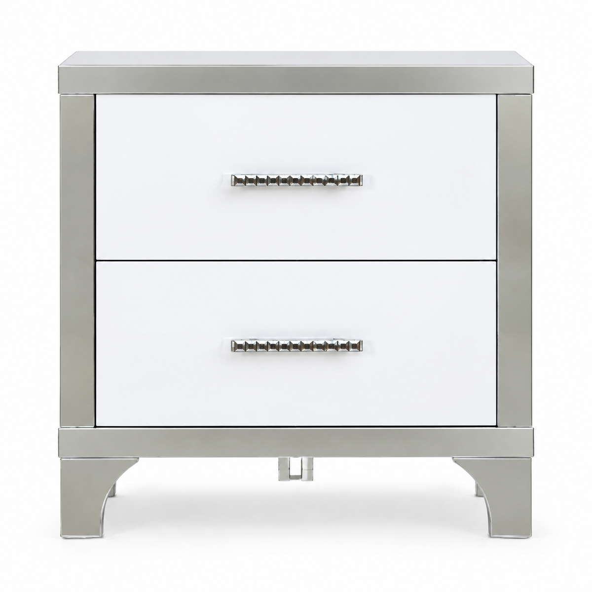 2-Drawer Mirrored Nightstand, High-Gloss – White, Glam Bedroom Bedside Table with Drawers — studio hero