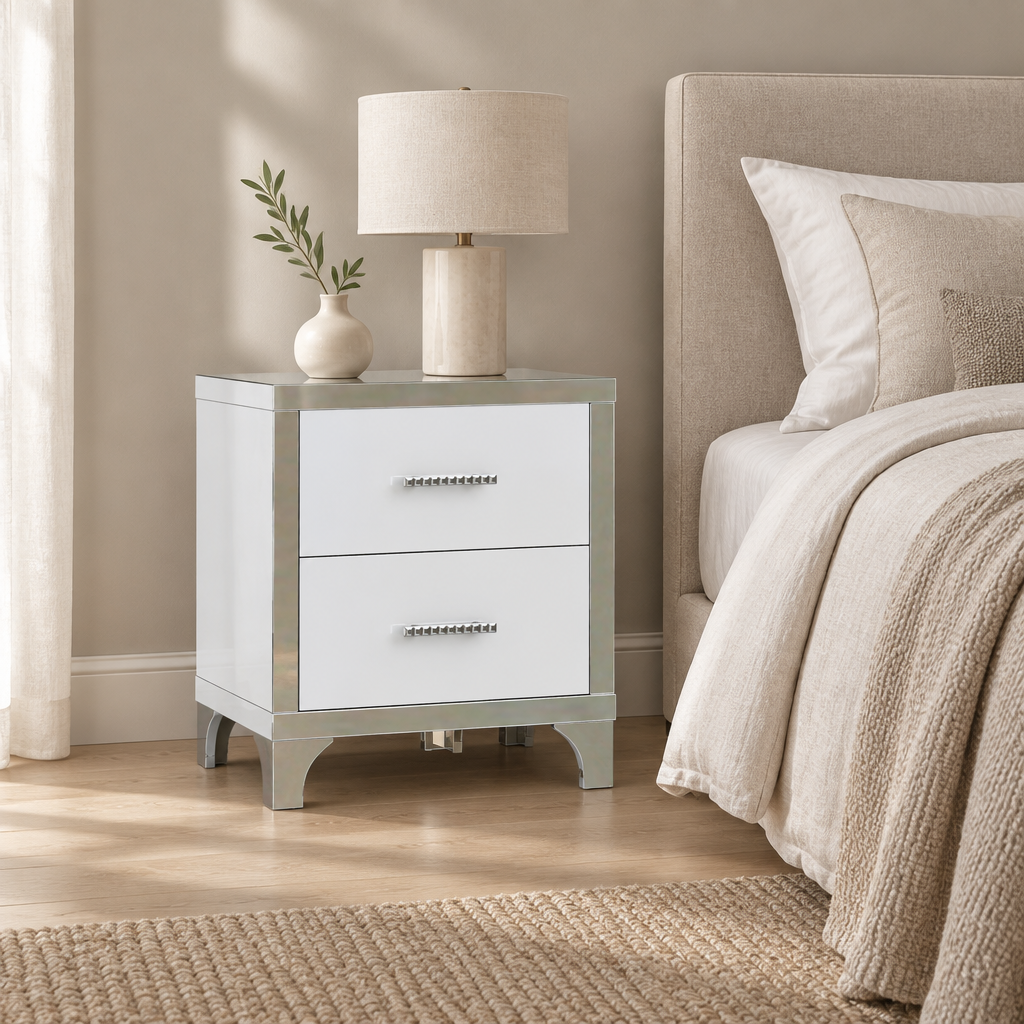 2-Drawer Mirrored Nightstand, High-Gloss – White, Glam Bedroom Bedside Table with Drawers — bedroom wide