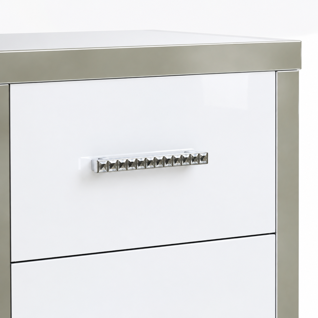 2-Drawer Mirrored Nightstand, High-Gloss – White, Glam Bedroom Bedside Table with Drawers — studio detail