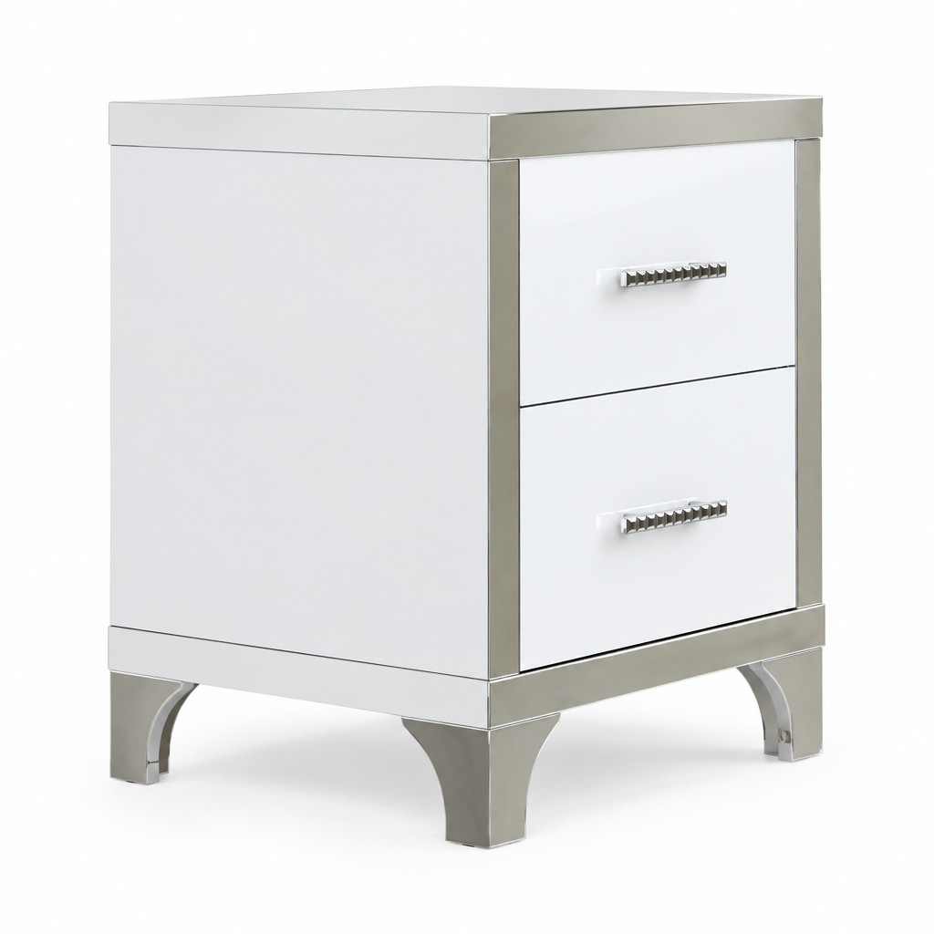 2-Drawer Mirrored Nightstand, High-Gloss – White, Glam Bedroom Bedside Table with Drawers — studio side profile