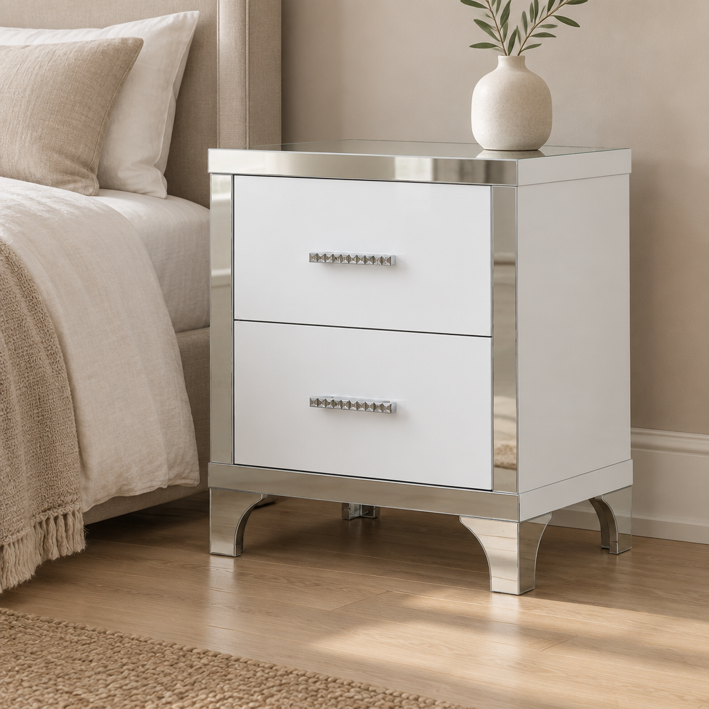 2-Drawer Mirrored Nightstand, High-Gloss – White, Glam Bedroom Bedside Table with Drawers — bedroom three-quarter right