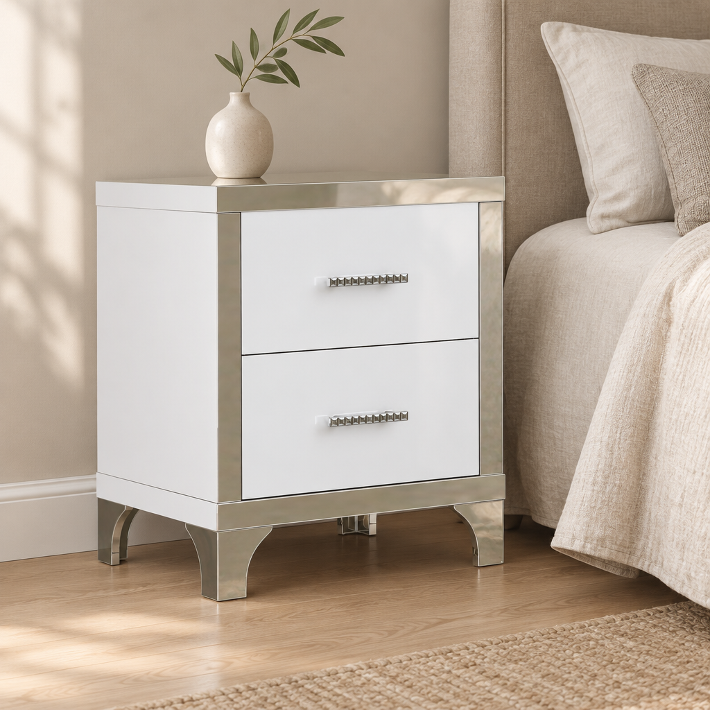 2-Drawer Mirrored Nightstand, High-Gloss – White, Glam Bedroom Bedside Table with Drawers — bedroom three-quarter left