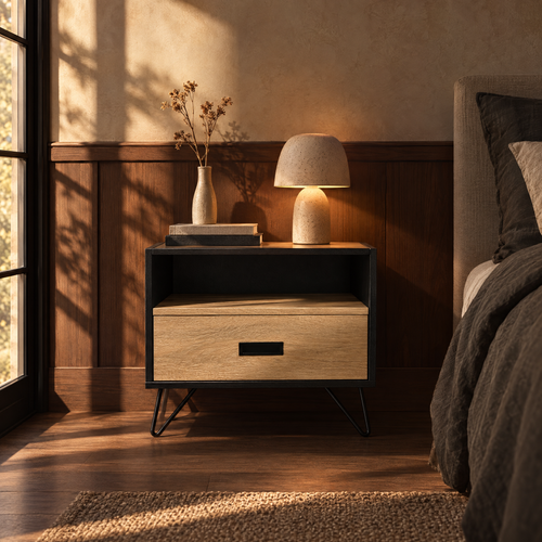 16" Accent Table with Display Shelf, Oak & Black — bedroom, front
